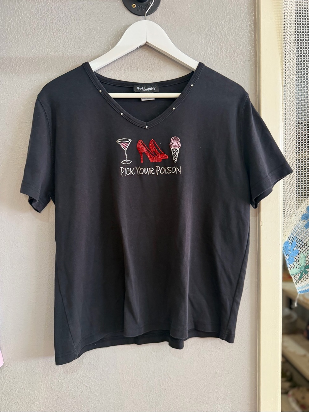 Got Lucky Black Short Sleeve V‑Neck Tee with Red Shoe Graphic